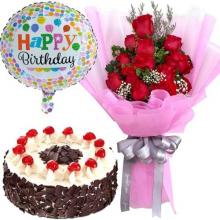 Red Roses, Black Forest Cake with Balloon Red Roses, Black Forest Cake with Balloon