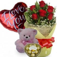 Ferrero Rocher, Teddy Bear, 6 Red Roses and Mylar Balloon Ferrero Rocher, Teddy Bear, 6 Red Roses and Mylar Balloon